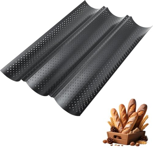 UQMIQURA Molde para baguette para 3 baguettes, 38 x 25 cm, bandeja para baguette con revestimiento antiadherente, bandeja para baguette, accesorios para hornear pan, molde negro