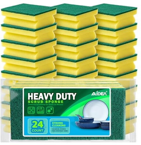 AIDEA Heavy Duty Scrub Sponge 24 Count, Dual-Sided Kitchen Cleaning Sponges, Stink Free Sponge for Dish-Washing, Suitable for Kitchen, Bathroom and Home Cleaning