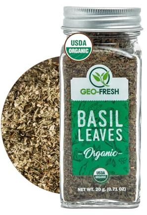 Geo-Fresh Organic Basil Leaves 0.71 oz (20g) – Dried Basil Seasoning for Cooking & Seasoning – Non-GMO, Kosher, USDA Certified Organic, Gluten-Free