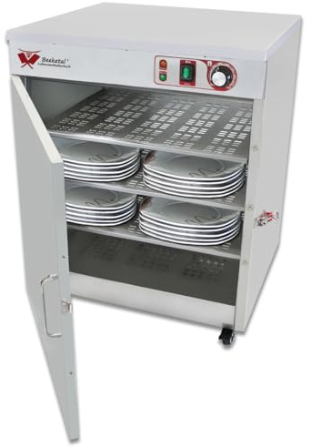 Beeketal 'BTW-120' Profi Gastro Edelstahl Tellerwärmer elektrisch mit 3 Einlegeböden, Temperatur stufenlos ca. 30-85 °C einstellbar, mobiler Wärmeschrank 1-türig auf Rollen mit Feststellbremse