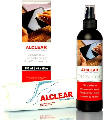 ALCLEAR 721DR Displayreiniger 250 ml mit fusselfreies Ultra-Mikrofasertuch, reinigt TV, LCD/TFT, Plasma, Smartphone ohne Schlieren