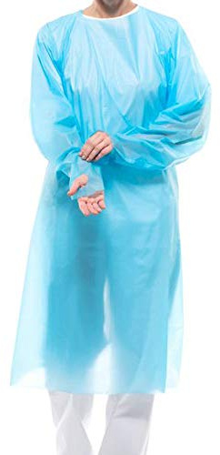 10 Stk. Einweg Schutzkittel (CPE) mit Daumenloch, Pflege, EN 13688, EN 14126 Infektionsschutzkittel MRSA & Noroviren, Blau, Größe XL