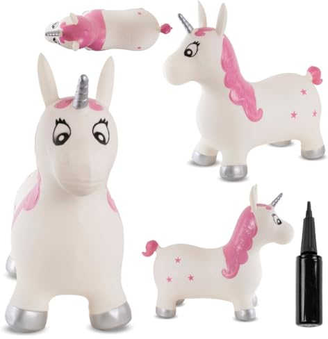 sun baby Hüpftiere ab 1 Jahr mit Pumpe aufblasbares Hüpfspielzeug aus Hochwertigem und Strapazierfähigem Gummi, Verschiedene Designs (Weißes Einhorn)