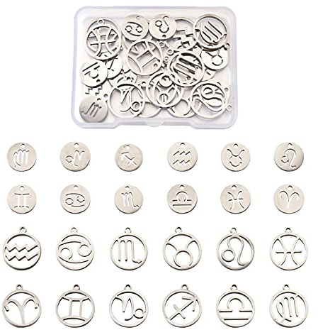 Cheriswelry Sternzeichen-Anhänger aus 304 Edelstahl mit 12 Sternbildern, flach, rund, Astrologie, Horoskop, Anhänger für DIY-Schmuck, Halskettenherstellung, 24 Stück, Edelstahl, Edelstahl