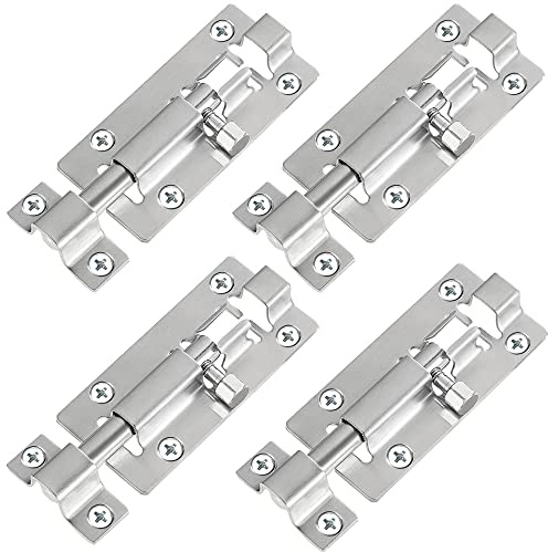 FATLODA 4 Pack Barrel Bolt Latch, Slide Bolt Latch 3 Inches Slide Latch Lock, Thickened Stainless Steel Sliding Lock for Door, Brushed Finish Sliding Bolt Lock, Sliding Bolt Latch with 24PCS Screws