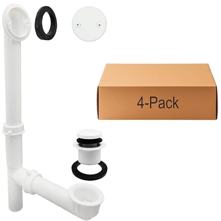 Westbrass 593244-4-50 - Conjunto tubular de desagüe y desbordamiento de bañera de 14 x 1-1/2 pulgadas con tapón de drenaje de punta y placa frontal de 2 agujeros, paquete de 4, recubrimiento en polvo