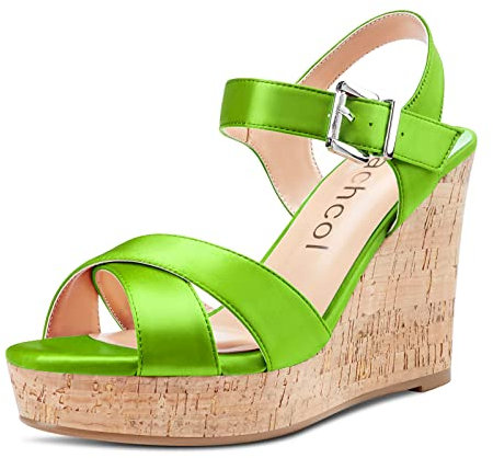 Aachcol Mujer cuña esparto Sandalias Abierta Redonda Punta Alto High Heel Correa Tobillo Slingback Clear Dress Zapatos Cute Clásicode Boda Fiesta 10 CM Verde Lima Satín 45 EU