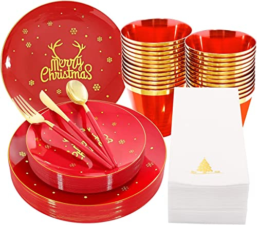 KAHEIGN 175Pcs Mehrweg Geschirr Set für 25 Personen, Wiederverwendbares Weihnachten Geschirr Set mit 25 Speiseteller 25 Salatteller 25 Messer 25 Gabeln 25 Löffel 25 Servietten für Party