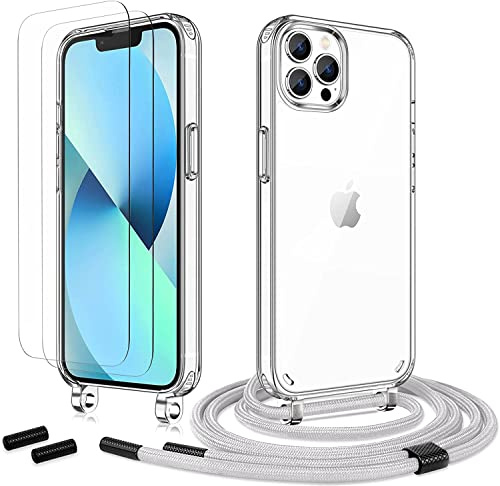 Anshow Handykette für iPhone 12 Pro Max Hülle mit Band + 2 Schutzfolie, Robust Necklace Extrem Stoßfest Handyhülle iPhone 12 Pro Max Case Transparent Schutzhülle zum Umhängeband Abnehmbar, Grau