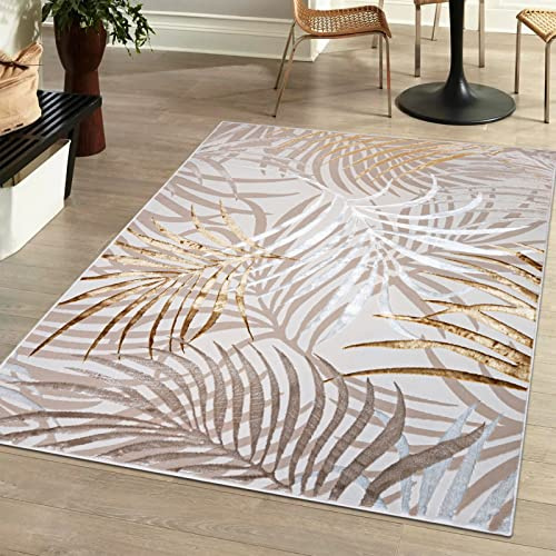 Mazovia Teppich Wohnzimmer 140x200cm Creme Gold Florales Muster Boho Weich | Teppich für Schlafzimmer Esszimmer Büro Beige Pflegeleicht Fußbodenheizungsgeeignet Reinigungsmittelbeständig Mittelflor