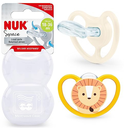 NUK Space Babyschnuller | 18-36 Monate | Schnuller mit zusätzlichen Öffnungen für sensible Haut | BPA-freies Silikon | Löwe | 2 Stück