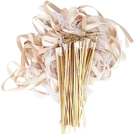 50 Stück Wedding Wands Spitze Stäbe mit Hochzeitsbändern Seidenfeenstab, Gastgeschenke für Partys, Babypartys, Urlaub, Feiern (Champagner-50 Pcs)