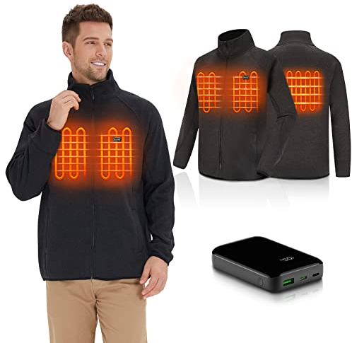 HENNCHEE Men's Heated Fleece Jacket Full Zip with Battery Pack 3 Adjustable Temperature Electric Jacket Heated Men with 3 Heating Zones Warm for Outdoor Black Large