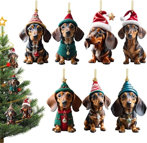 7 Piezas De Decoraciones De Árbol De Navidad De Dachshund - Adornos Para Colgar El Árbol De Navidad De Perros Divertidos, Colgantes Decorativos De Acrílico 2D Para Perros Dachshund Con Sombrero
