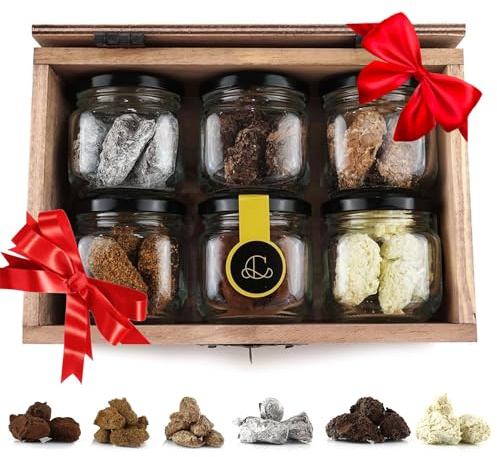 Caja de Chocolates para Regalar, 30 Trufas de Chocolate Belga, 5 de cada: Chili, Pistacho, Cookies, Pedro Ximenez, Whisky y Champagne, Bombones Belgas - Rocas de Chocolate ideal Caja Regalo Chocolate