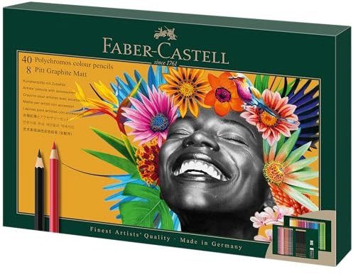 Faber-Castell Polychromos Colored Pencils and Pitt Graphite Matte Gift Set, 50 Piece Sketch Pencils and Art Colored Pencils Set with Accessories