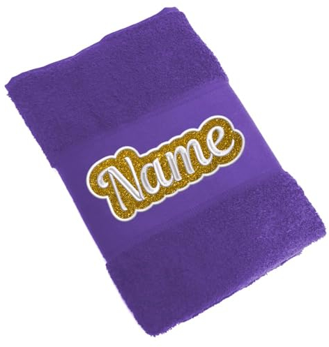 Elefantasie Besticktes Handtuch Badehandtuch aus 100% Baumwolle mit Glitzer und Name personalisiert Bestickt Lila 70x140cm