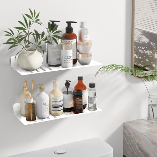 MENGCOOL 2 Pack Shower Caddy, No Drilling Shower Organiser, 30cm Stainless Steel Wall Shelves Bathroom Shelves Shower Storage Accessories for Bathroom Kitchen - White