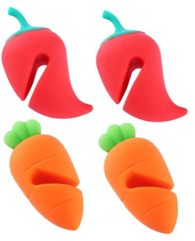 COLLBATH Silicone Spill-Proof Lid Lifter and Pot Cover Holder Set, Heat Resistant Overflow Preventer Multi-Purpose Steam Release, 4pcs Carrot and Chili Design for Household Cooking