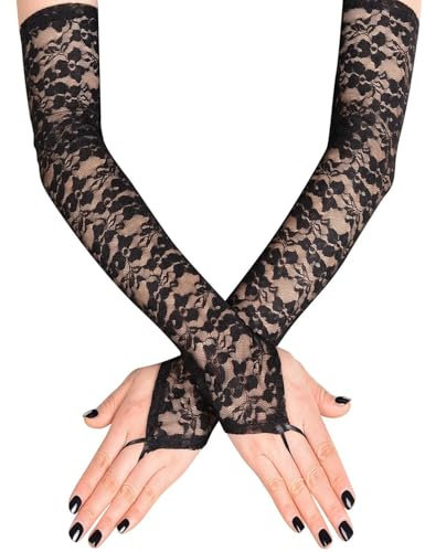 LOZTBUE 1 Stück Damen Fingerlose Handschuhe Spitze Handschuhe Lange Mesh Handschuhe Damen Fingerlose Spitze Handschuhe Lange Spitze Ellenbogen Knöchel Handschuhe Für Hochzeit Party (Schwarz)
