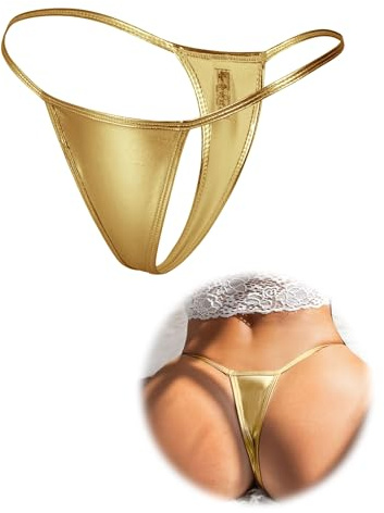ohmydear Brasiliansk T-Back PU Läder Stringtrosa Dam Förförisk String Osynliga Trosor Låg Midja Micro Stringtrosa Sexig Huddräkt Sexig Bikini, Guld, S