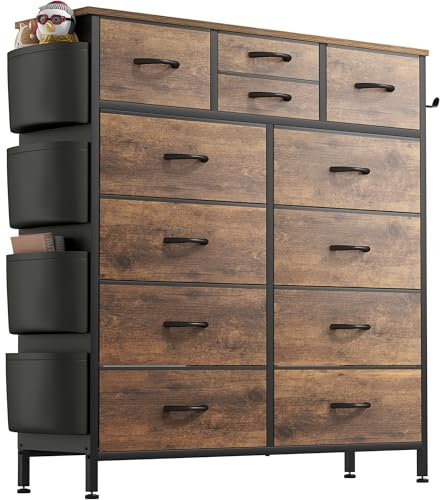 Buluri Chest of Drawers Bedroom, 12 Fabric Drawers Dresser with Side Pockets and Hooks, Wooden Top and Metal Frame, Tall Drawers for Closet, Living room, Kids Room (Rustic Brown)
