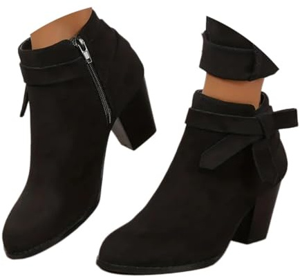 Onsoyours Damen Kurze Stiefel mit Blockabsatz Winterstiefel Wildleder Stiefelette Retro Stiefel Ankle Boots mit Reißverschluss Damenstiefel Heels High
