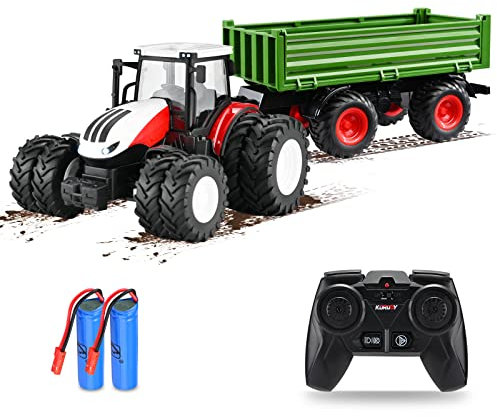 nmoiww 1:24 Ferngesteuerter Spielzeug-Ackerschlepper mit Doppelbatterie, Ferngesteuerter Traktor, Ackerschlepper mit Anhänger, Kinder 3–10 Jahre (Grün)