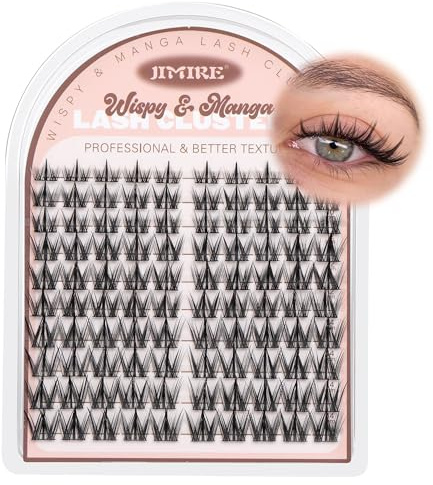 JIMIRE Manga Cluster Lashes Natural Look Anime Individual Eyelashes Cute 8-14MM Wispy Manhua Lash Clusters with Spiky 110 Pcs Manga Lashes Individual Cluster with Thin Band