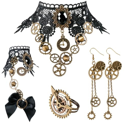 Moiuguli Steampunk Accessoires, Steampunk Damen Gothic Outfit Schmuck Zahnräder Halskette Set Spitze Vintage Fasching Zubehör mit Choker Halskette Armbänder Ring Ohrringe für Fasching Karneval Kostüm