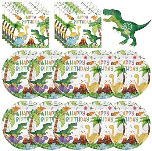 40 Pcs Dinosaur Plates and Napkins Sets - Happy Birthday Dino Party Supplies Tableware, Watercolor Disposable Paper Plates Napkins Kit for Dinosaur Birthday Party Decorations Table Decor, Serves 20