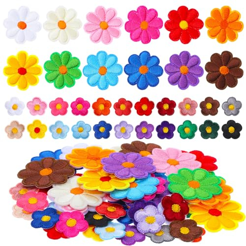 TIESOME 48 Stück 4.2cm Patches zum Aufbügeln, Aufnähern Gänseblümchen Aufnäher Flicken zum Aufbügeln in zwei Größen niedliche Sonnenblumen Stickerei Flicken florale Stickerei Applikation