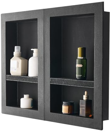 VEVOR Shower Niche, 16 x 24 inch + 16 x 24 inch Recessed Wall Niche with Movable Shelf, 4 inch Thick Modern Soap&Shampoo Storage Organizer,Square Corners,Sealed Waterproof,Black for Bathroom Shower