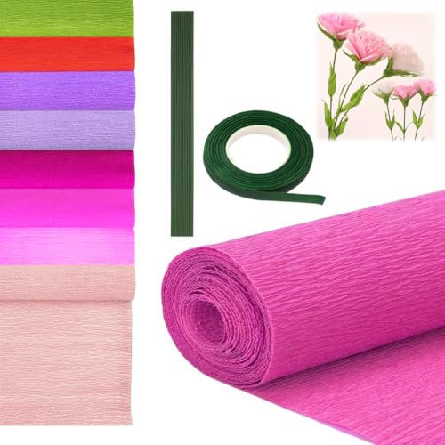 8 Rollos de Papel Pinocho Colores, 25 X 250 cm Papel Pinocho con 20 Filamentos Florales Verdes y Cinta Adhesiva para Hacer el Día de San Valentín, DIY Manualidades Florales