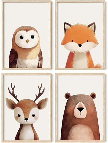 PACKLIST® Decoración para Habitación de Bebé - Pósteres Infantiles de Animales del Bosque y Entornos Naturales: Oso, Buho, Ciervo y Zorro - Láminas A4 (21x30 cm) y 250 gr. sin Marco para Niños y Niñas