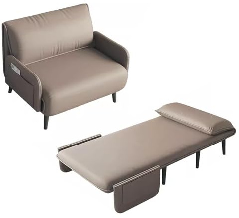 Chaiselongue Sofa mit Schlaffunktion Leder Verstellbare Rückenlehne Klappsofa Weich und Komfortabel Metallfüße Wohnzimmersofa für Wohnzimmer, Schlafzimmer, Gästezimmer(Khaki,190 * 100 * 29cm)
