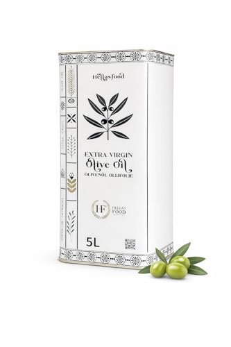 Hellas Food - Huile d’Olive 5L Extra Vierge - Pressée à Froid - Mélange Premium du Péloponnèse - Arôme Fruité - Riche en Antioxydants - Idéale pour Cuisine & Salades