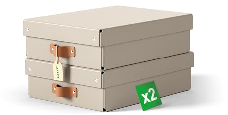 Leitz Puro Flache Aufbewahrungsbox mit Deckel, Medium, 2er-Set, Box 8 L, stapelbar, Organizer-Box für Regale und Schränke, FSC-Karton, für Büro & Home Office, 26 x 35 x 10 cm, Beige, 61480012