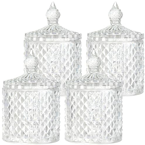 4 Pack Glass Candy Jar with Lids, Crystal Decorative Storage Jars Apothecary Jars Glass Cookie Jar Sugar Bowl for Candy Buffet, Kitchen, Home, Bathroom, Office Desk (Clear)