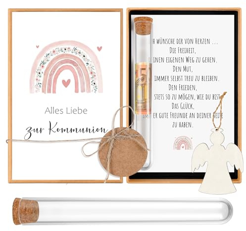 Hestya Kommunion Geldgeschenke für Jungen Mädchen Geschenke zur Kommunion Karte mit Reagenzglas Kommunionsgeschenke für Jungen Mädchen Erstkommunion Geldgeschenke Verpackung aus Holz(Regenbogen)