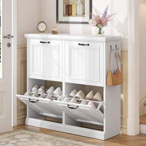Hzuaneri Schuhschrank Schmal mit 4 Klappen, Klassischer Stil, 16-18 Paar | Schuhkommode mit Holzoptik, Schmaler Schuhregal, Trennwand Verstellbar, 2 Haken, für Flur, Eingang, Weiß SR60203X