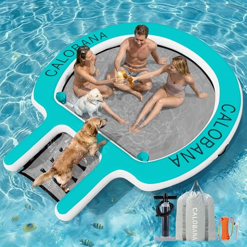 CALOBANA 8FT Water Hammock with Dog Boat Ramp, Inflatable Round Floating Ring for Adults Pets Heavy Duty Floating Dock Tanning Pool Lounger Float Island Platform for Pool Sea River Dock Boat Party