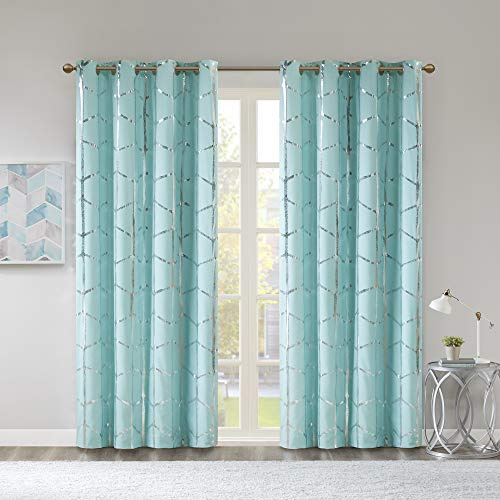 Intelligent Design Raina Total Blackout Metallic Print Grommet Top Single Curtain Panel Thermal Insulated Light Blocking Drape for Bedroom Living Room and Dorm, 50x63, Aqua/Silver 1 Piece