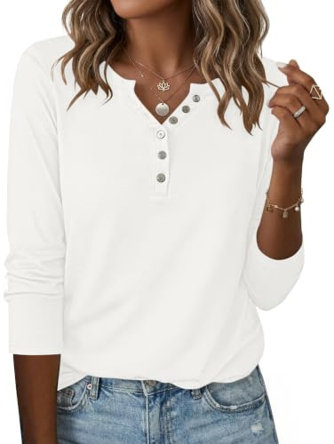 WNEEDU Women's Long Sleeve Tops Tunic V Neck Henley Shirts Loose Blouse