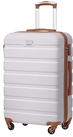 COOLIFE Mittelgroßer Koffer für Urlaubsreise, Kreuzfahrten und Studium im Ausland, 67cm L, PC+ABS, Hartschale, Leicht Robuster, Trolley mit Spinner Räder, YKK Reißverschluss, TSA-Schloss, Weiß/Braun