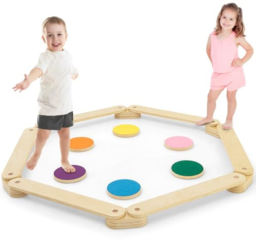 COSTWAY Poutre d'Equilibre en Bois Enfants avec Pierre de Marche,Parcours d'Obstacles de Gymnastique avec Style Montessori,Intérieur Extérieur pour Tout-Petits de 3-7 Ans