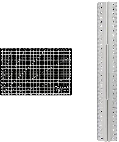 Vantage Schneidematte A3 (30 x 45 cm, selbstheilend) schwarz & WEDO 525235 Lineal aus Aluminium 30 cm mit Griff für Rechts- und Linkshänder mit rutschsicherer Gummieinlage, Silber