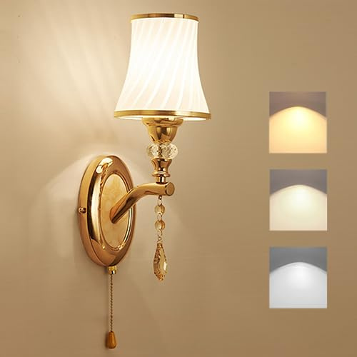 KZT LED Wandleuchte Dimmbar Wandlampe mit Zugschalter Schlafzimmer Nachttischlampe Modern Innen Wandbeleuchtung Glas Wandlicht Gold für Wohnzimmer Arbeitszimmer Flur Kinderzimmer Nachtlicht 12W
