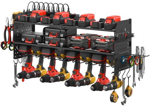 JUNNUJ Large Pegboard Power Tool Organizer with Charging Station, 8 Drills Driver and Tools Battery Holder Wall Mount with 8 Outlet Power Strip, Black 3-Layer Shop Garage Storage Utility Rack