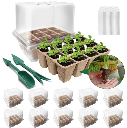 YeahBoom 10 Piezas Bandeja de Germinación,120 Agujeros Bote de Turba Biodegradable,Bandeja Semillas,Kit de Inicio de Planta Ajustable de Humedad,Brotado Cultivo de Invernadero Huerto